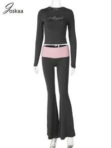 Lässige Sportliche 2-teilige Sets Damen Trainingsanzüge Buchstaben Strass Langarm Crop Tops und Schlaghosen passend zu Y2K Streetwear