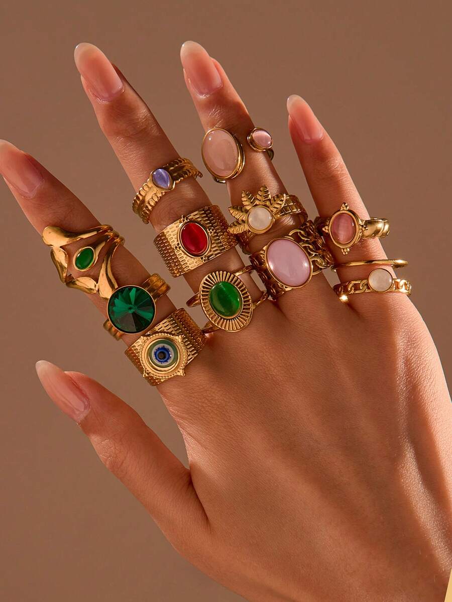 1pc/2pcs/4pcs/6pcs/8pcs/10pcs Stainless Steel Gold-Tone Colorful Gemstone Rings Set, Random Assortment - Multicolor - View 1