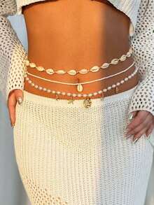 3pcs Multilayer Bohemian Beach Style Pearl Starfish Beaded Waist Chain, Beach Body Jewelry Chain For Women - 彩色 - 查看 4