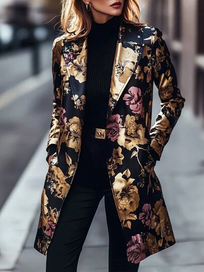 Women's Retro Floral Print Long Sleeve Blazer Jacket With Mandarin Collar, Black Base, Spring/Autumn