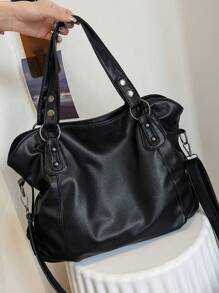 "Vintage Women's Shopper With Shoulder Strap - Grained Leather With Rivets & Zipper - Retro Style (Office, University, Travel) - Generous Capacity For Schoolgirls, Students & Professionals", New Arrival Tote Bags For Woman