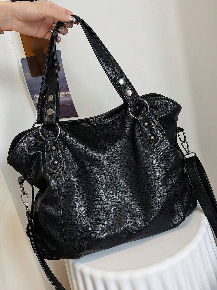 "Vintage Women's Shopper With Shoulder Strap - Grained Leather With Rivets & Zipper - Retro Style (Office, University, Travel) - Generous Capacity For Schoolgirls, Students & Professionals", New Arrival Tote Bags For Woman