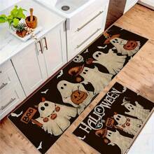 Halloween Ghost Pumpkin Kitchen Rug Set, Non-Slip Backing, Machine Washable, Polyester Bat, Ghost, Pumpkin Doormat, Suitable For Home Kitchen Decor, Short Plush Holiday Mat, Applicable For Thanksgiving, Christmas, Holiday Decoration