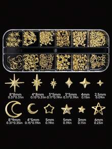 2盒美甲裝飾品，金色金屬鉚釘，鏤空愛心與蝴蝶結設計，月亮、星星，適用於DIY美甲與珠寶製作，打造日系風格美甲，含無香精美甲鉚釘配件 - 金色 - 查看 6