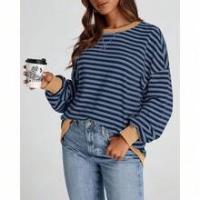Womens Oversized Striped Sweatshirt Crewneck Long Sleeve Pullover Top Casual Y2K Spring Clothes 2026 Workout Shirt,Vacation Outfits Women,Valentine Outfits For Women,Street Photography - Blue Navy - 查看 6