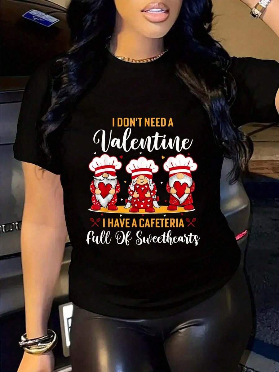 100% Cotton Casual Tshirt Lunch Lady Valentine I Have A Cafeteria Full Of Sweethearts T-Shirt Women's Men's Black Short Sleeve T-Shirt Classic Fit Funny Tee - 黑色 - 查看 1