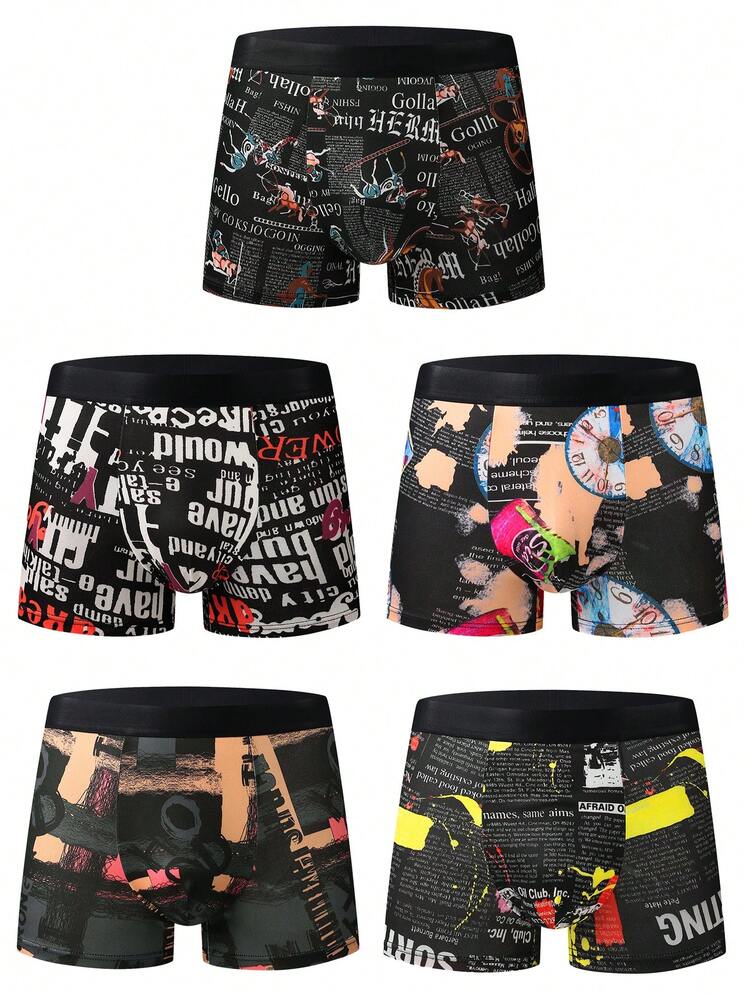 6 件时尚印花男士平角内裤，柔软有弹性的薄款平角裤，混合动物和字母涂鸦图案，休闲内衣，新奇服装 - 彩色 - 查看 3