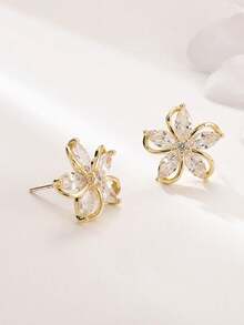 Small Flower Gold Plated Stud Earrings 2pcs Women CZ Crystal Stud Earrings Daily Wear Piercing Earrings Bridal Wedding Jewelry For Girl Wife GirlFriend Couple Valentines,Mom,Mother,Mother's Day,Gift - Yellow Gold - View 3