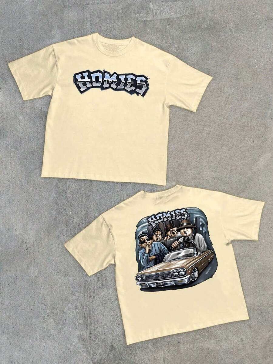 Homies Graphic Featuring A Group In A Classic Car Evokes Friendship Legacy And A Shared History Perfect For A Casual Tee With 220g, Graphic Car Crew Short Sleeve - 杏色 - 查看 1