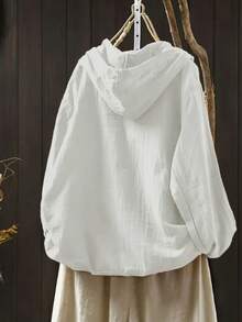 Plus Size Women Loose Hooded Button Up Top With Adjustable Drawstring Hem, Lightweight Casual Vacation, Layered Design, Solid Color Fashion Blouse