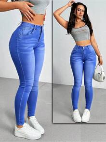 Pantalones vaqueros ajustados de talle alto en azul, diseño elástico minimalista, versátiles para looks casuales - Azul lavado medio - Ver 1