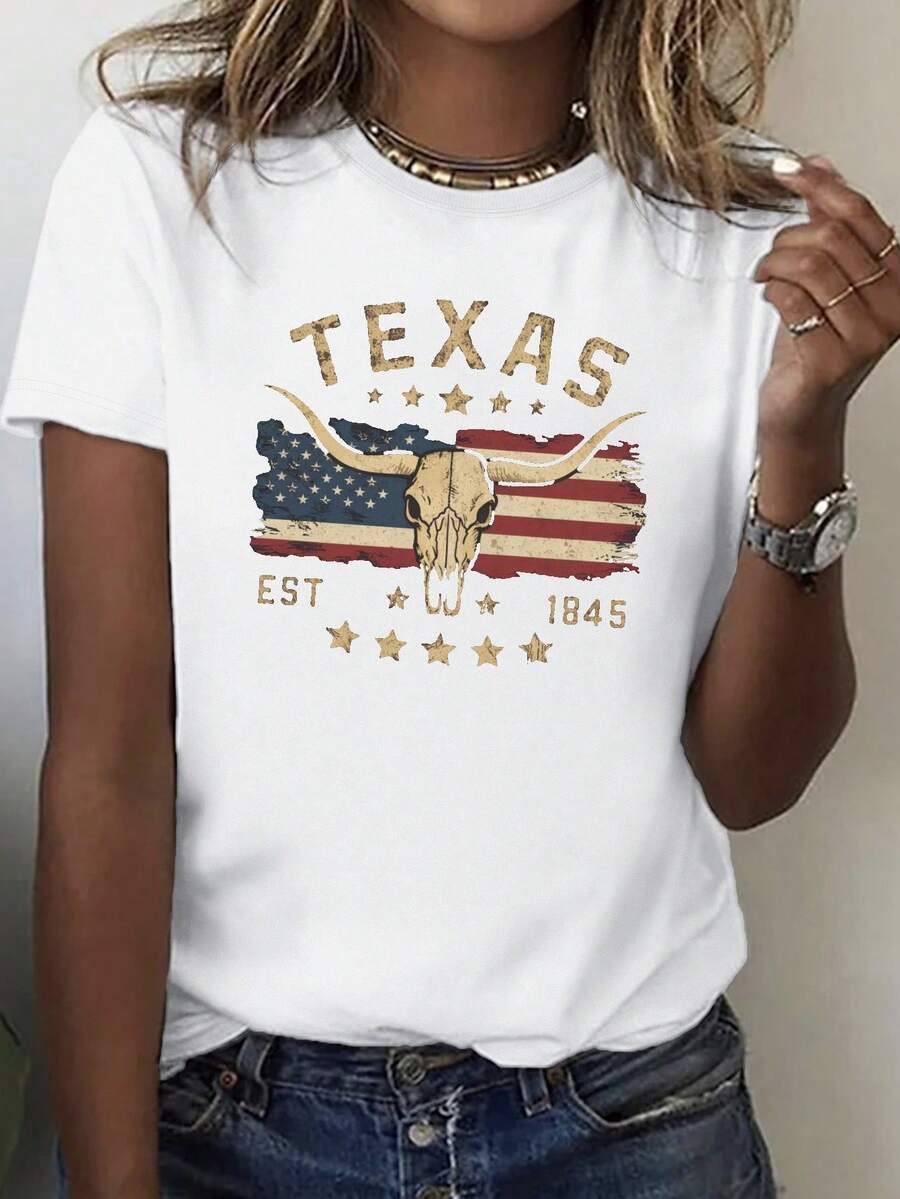TEXAS Longhorn Skull Casual Crew Neck T-Shirt For Women's, Comfortable Fit Graphic Tees, Suitable For All Seasons, Daily Wear Clothes, School Wear, Street Wear Tops - trắng - Xem 1