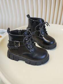 Dziewczęce buty outdoorowe, krótkie buty z miękką podeszwą, czarne krótkie buty w stylu brytyjskim, jesień/zima - Czarne - Zobacz 5