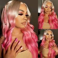 13x4 Free Part HD Lace Front Wig Ombre Purple Color Long Body Wave Synthetic Hair 180% Density Pre-Plucked Glueless Purple Ombre Colored Long Wavy Hair 26 Inch Free Part Soft Natural Look For Women Versatile Styling Options - 漸層粉紅色 - 查看 9