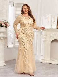 Đầm dạ hội dáng đuôi cá cỡ lớn thêu hoa đính sequin, đầm dài tay thanh lịch, thích hợp cho tiệc cưới, lễ tốt nghiệp, dạ tiệc và các sự kiện mọi mùa. - Vàng - Xem 2