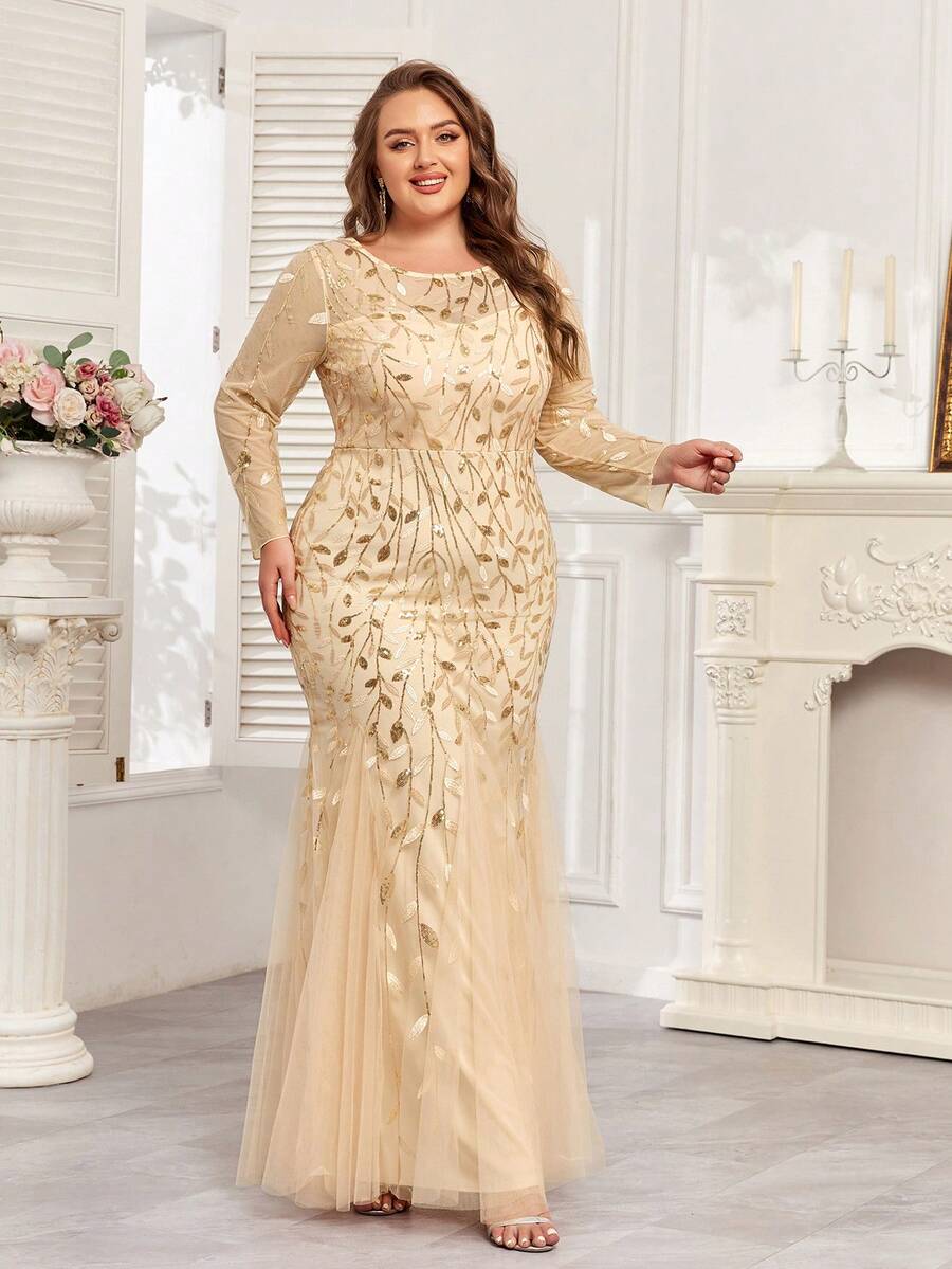 Đầm dạ hội dáng đuôi cá cỡ lớn thêu hoa đính sequin, đầm dài tay thanh lịch, thích hợp cho tiệc cưới, lễ tốt nghiệp, dạ tiệc và các sự kiện mọi mùa.