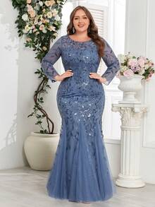 大码美人鱼刺绣花卉亮片礼服，优雅长袖正式晚宴婚礼宾客礼服，适合毕业典礼、晚宴、派对等各种场合，四季皆宜。 - 霧霾藍 - 查看 5