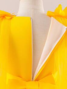 Girls Elegant Lace Princess Dress, Children's Multilayer Tulle Bowknot Party Dress, Girls Birthday Party, Wedding, Piano Recital Formal Gown With Shawl, Long Tie Back Butterfly Dress - Yellow - View 11