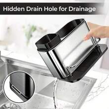 1pc Kitchen Sink Soap Dispenser, 3-In-1 Kitchen Sink Sponge Holder, Stainless Steel Kitchen Sink Organizer Tray, Draining Rack, Tabletop, Stainless Steel Cutlery Cleaning Brush, Kitchen Dish Drying Rack, Storage Shelf - Silver - View 6