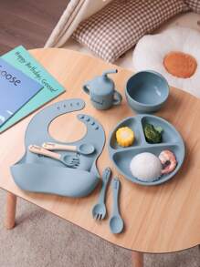 8PCS Print On Demand Custom Name Pattern Baby Silicone Tableware Set Personalized Customization Sucker Bowl Plate Leakproof Baby Cup Baby Bib Soft Spoons Forks,Halloween Edit,Back To School Fashion,Christmas Gift - Multicolor - View 9