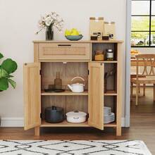 GOFLAME Buffet Sideboard, Boho Storage Cabinet With Rattan Woven Doors, Accent Cabinet With Drawer, Adjustable Shelf & Open Cubbies For Kitchen, Dining Room, Living Room, Hallway, Natural - Khaki - View 8