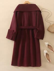 秋冬新款休闲百搭围巾领女式复古外套，长袖优雅通勤时尚大衣 - 酒紅色 - 查看 2