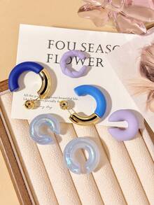 Set de 6 piezas de pendientes tipo clip con forma de flor minimalista y colorida, sin costuras, y aretes tipo argolla hueca de bola, para mujeres - Multicolor - Ver 11