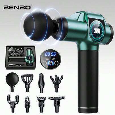  BENBO 1支装按摩枪，强劲动力，深层组织按摩，有效缓解疼痛，配备液晶显示屏，包含8个按摩头，灰色和绿色可选，适用于健身房、办公室、家庭，也是圣诞节、新年、感恩节和其他节日的理想礼物。
