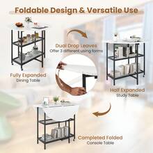 GOFLAME Folding Dining Table, Round Drop Leaf Kitchen Table With Marble-Textured Finish, Storage Racks & 2 Lockable Wheels, Space-Saving Side Tables - White - View 6