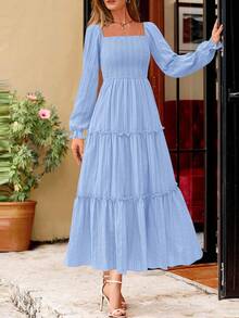 PRETTYGARDEN Women Elegant  Maxi Dresses For Fall Boho Long Sleeve Smocked A Line Ruffle  Wedding Guest Holiday Party Long Dress With Pockets New Years Valentine Vacation Spring Dresses For Women Vestidos Elegantes De Mujer - 淺藍色 - 查看 5