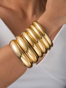 Bộ 6 vòng tay kim loại dày, bộ vòng tay nữ, trang sức vòng tay có thể xếp chồng, bộ vòng tay dày. - Bạc - Xem 3