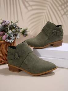 Botas de tobillo nuevas para mujer de otoño/invierno, botas de tobillo con tacón grueso de moda, botas medianas de uso exterior, botas de tobillo con hebilla cruzada de cuero patentado y cremallera lateral, botas de tobillo versátiles cómodas y sexys, botas de estilo universitario occidental con hebilla para uso en la oficina - Verde - Ver 3