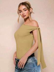 Women's Bodysuit With Tie Bow And Asymmetrical Neckline, Sleeveless, Ideal For Romantic Dates, Casual, Vacation And Summer - 米色 - 查看 4