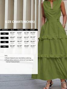 Women's Summer Clothes Sleeveless Cotton Dresses For Women Loose V-Neck Ruffled Tiered Wedding Guest Dress Women With Pockets High Waisted Buttoned Plus Size Dresses - 軍綠色 - 查看 4