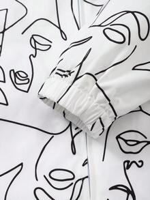 Men's Fashion Abstract Face Minimalist Black & White Line Print Jacket Casual Zipper Streetwear Style - White - View 7
