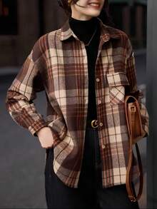 Vintage Brushed Thickened Layered Plaid Shirt, Long Sleeve Top For Spring & Autumn