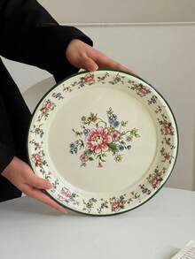1pc Enamel Flower Pattern Plate, High-Quality Ins Style Breakfast/Dessert/Fruit Plate, Floral Design Enamel Dish For Home Use