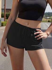 Women's Summer Drawstring Shorts Solid Color Low Waist Casual Breathable Short Pants - màu đen - Xem 3
