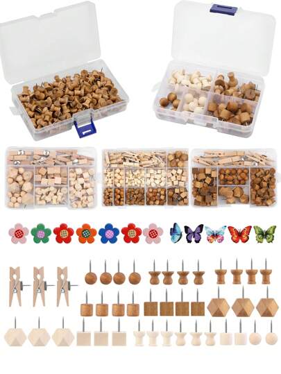 1 Set Wooden Push Pins, Boxed Thumbtacks Set, Creative Pushpins Cork Board Nails, Used For Fixing Photo Wall, Postcards, Memo Board, Etc.