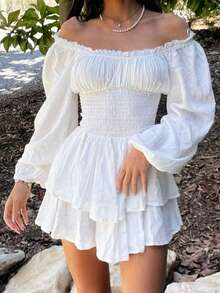 White Flowy Pirate Dress Halloween Fairy Costume Women Girls Y2k Long Sleeve Ruffle Off Shoulder Corset Mini Romper Dress Babydoll Casual Shorts Jumpsuit Cute Preppy Country Concert Cowgirl Outfits Halloween Cosplay Party Dresses - 白色 - 查看 4