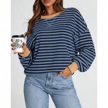 Womens Oversized Striped Sweatshirt Crewneck Long Sleeve Pullover Top Casual Y2K Spring Clothes 2026 Workout Shirt,Vacation Outfits Women,Valentine Outfits For Women,Street Photography - Blue Navy - 查看 4