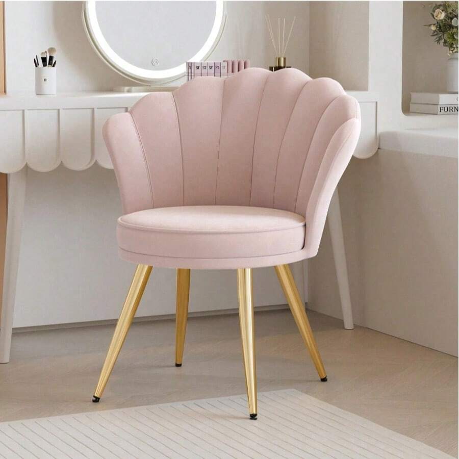 Conjunto de 1 sillón de terciopelo con respaldo de carcasa de terciopelo suave fabricado en terciopelo con patas de metal dorado para salón, dormitorio, tocador - Rosa - Ver 1