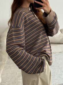 Sweaters For Women Y2k Knitted Tops Vintage Contrast Color Striped Pullovers Sweaters Long Sleeve Lapel Neck Polo Shirts Half Button Up Loose Fit Knitwear Autumn Casual Gothic Tops Daily Clothes Streetwear Aesthetic Clothes - Màu Khaki - Xem 3