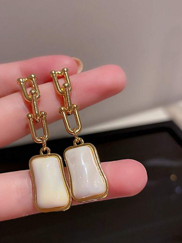 1 pièce Boucles d'oreilles à goutte de perle fausse avec chaîne en fer à cheval géométrique, boucles d'oreilles minimalistes de style coréen