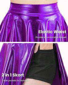 Girls Metallic Skater Skirt Sparkly Shiny Flared Pleated A-Line Mini Skort - Màu tím - Xem 2