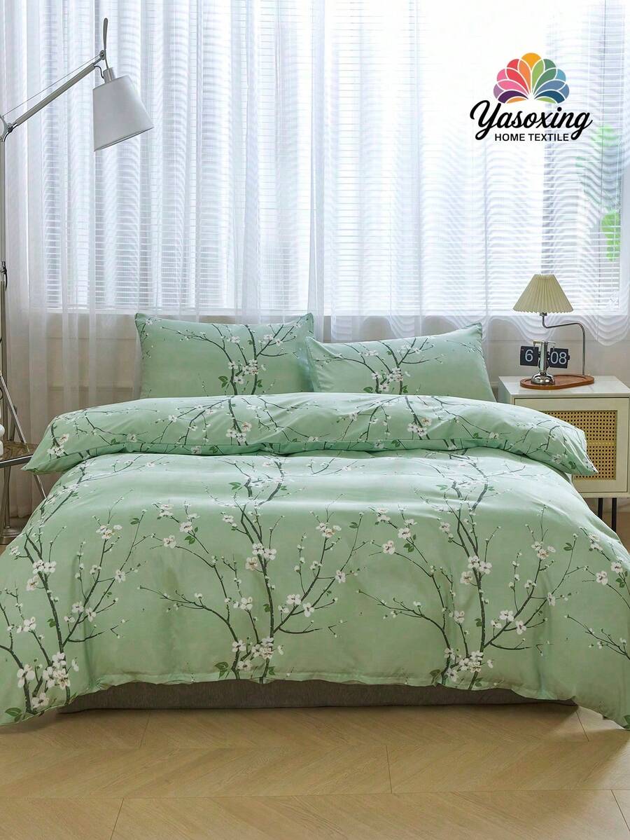 3pcs/set Polyester Green Plum Blossom Branch Pattern Printed Duvet Cover Bedding Set - Green - View 1