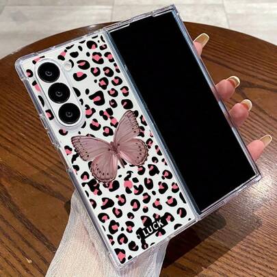 Pink Leopard Print Butterfly Foldable Phone Case Compatible With Galaxy Z Fold 6Galaxy Z Fold 5Galaxy Z Fold 4Galaxy Z Fold 3 Series Transparent