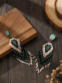 波西米亚手工串珠流苏耳环 | 绿松石点缀与图案 | 复古珠宝，适合度假与日常时尚