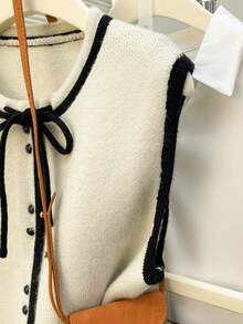 Alicedudu 女士秋冬时尚撞色边开衫背心 - 米色 - 查看 2