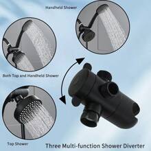 二合一 ABS 黑/银色淋浴喷头套装，带延长软管和三通分水器 - 壁挂式顶喷花洒和手持花洒组合，耐用塑料浴室配件，适用于现代家居